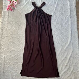A New Day - Tie Twist Neckline Mocha Brown Satin Midi Dress - XXL